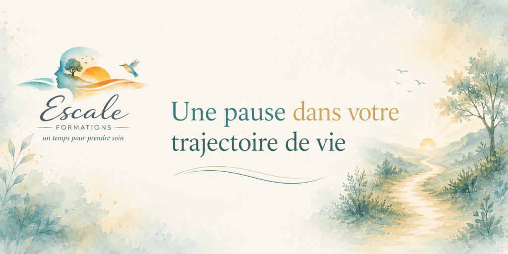Bannière aquarelle d'Escale Formations avec le logo, un lever de soleil et des courbes symbolisant une trajectoire de vie et le développement des compétences humaines.