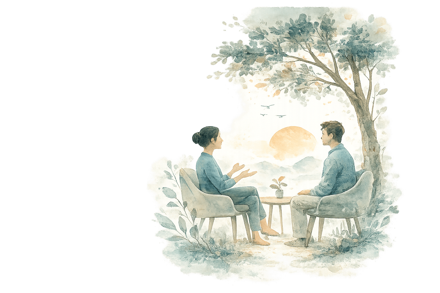 Illustration aquarelle symbolisant une pédagogie fondée sur l'écoute, le dialogue et l'accompagnement.