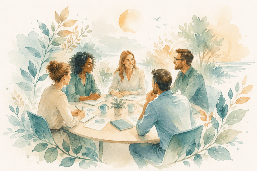 Illustration aquarelle représentant une réunion de travail pour construire un projet de formation sur mesure dans un esprit collaboratif.