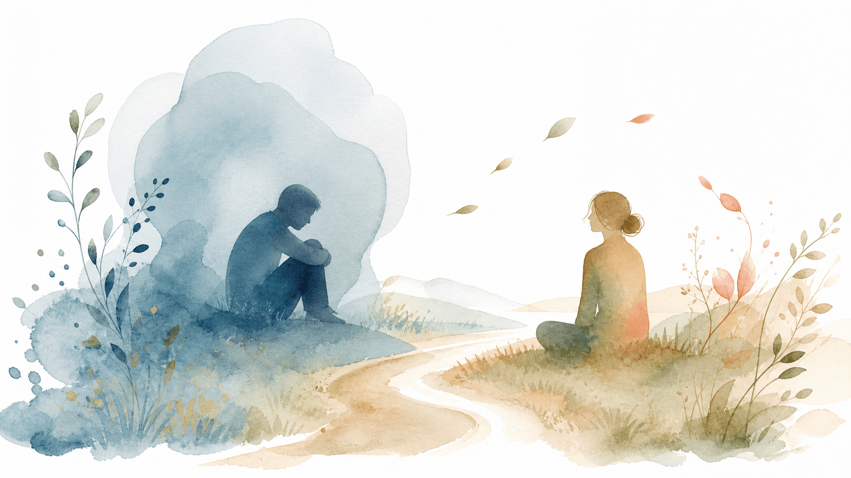 Illustration aquarelle évoquant une souffrance psychique discrète et une présence attentive