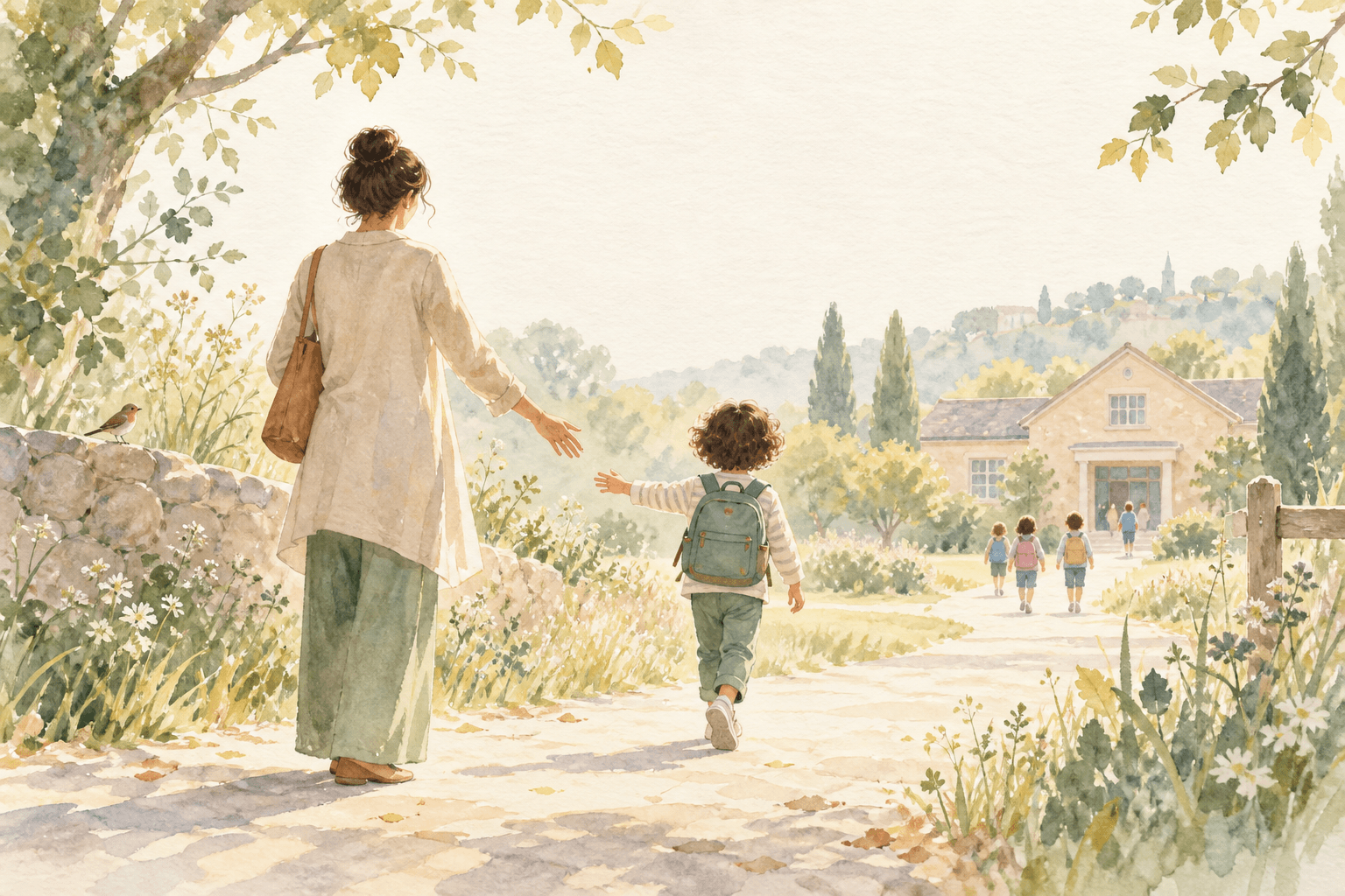 Illustration aquarelle d’un parent laissant un enfant avancer vers l’école avec confiance